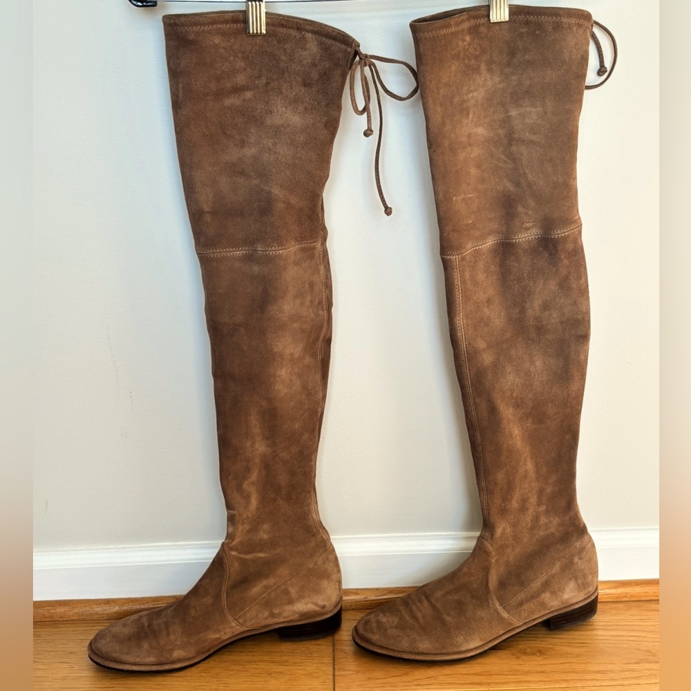 STUART WEITZMAN Women's Lowland Stretch Over The Knee Boots in brown.